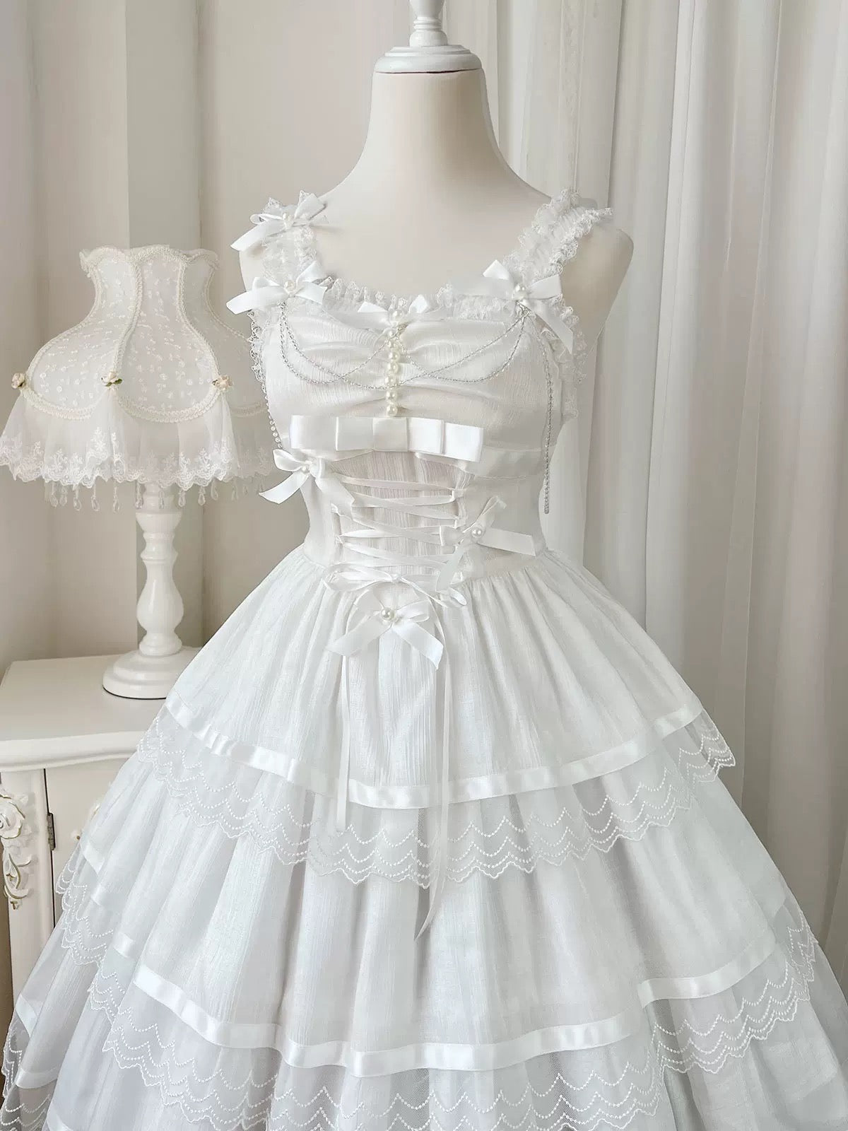 Sweet Lolita Chiffon Lace White Black Dress Bridal Goth JSK Elegant Dresses