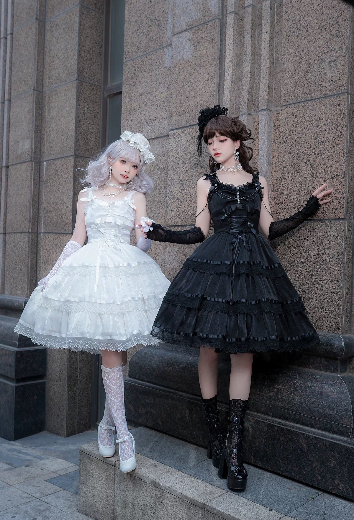 Sweet Lolita Chiffon Lace White Black Dress Bridal Goth JSK Elegant Dresses
