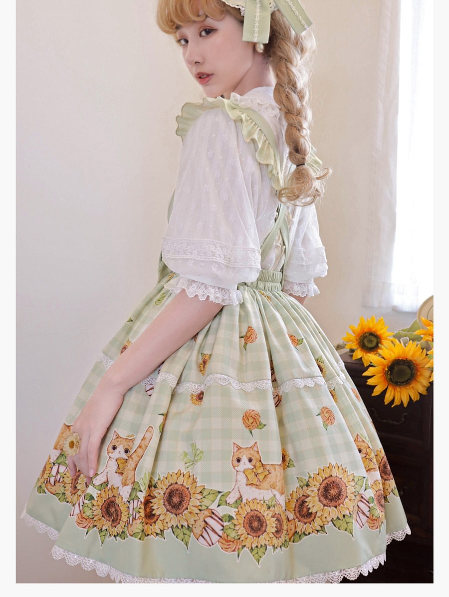 Sweet Lolita Classic Green Pastoral Sunshine Cat Lolita Strap SK Sunflower Print Lolita Skirt Lolita Dresses
