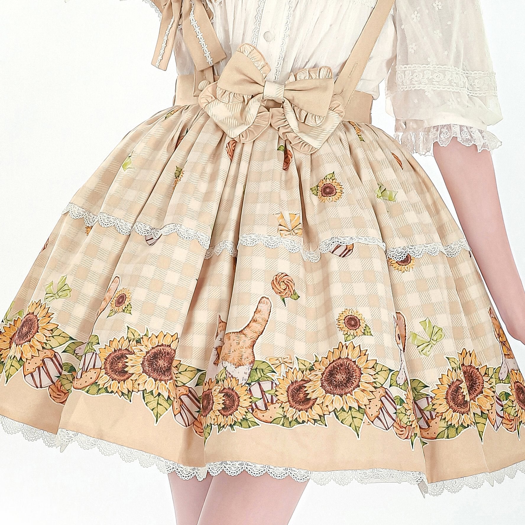 Sweet Lolita Classic Green Pastoral Sunshine Cat Lolita Strap SK Sunflower Print Lolita Skirt Lolita Dresses