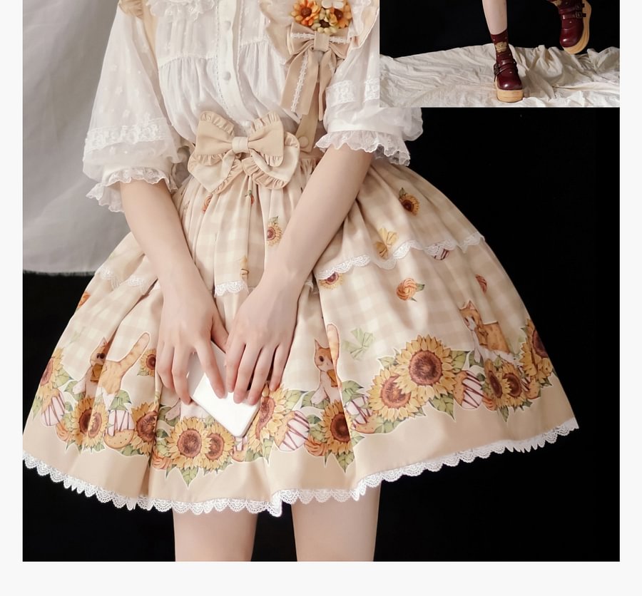 Sweet Lolita Classic Green Pastoral Sunshine Cat Lolita Strap SK Sunflower Print Lolita Skirt Lolita Dresses