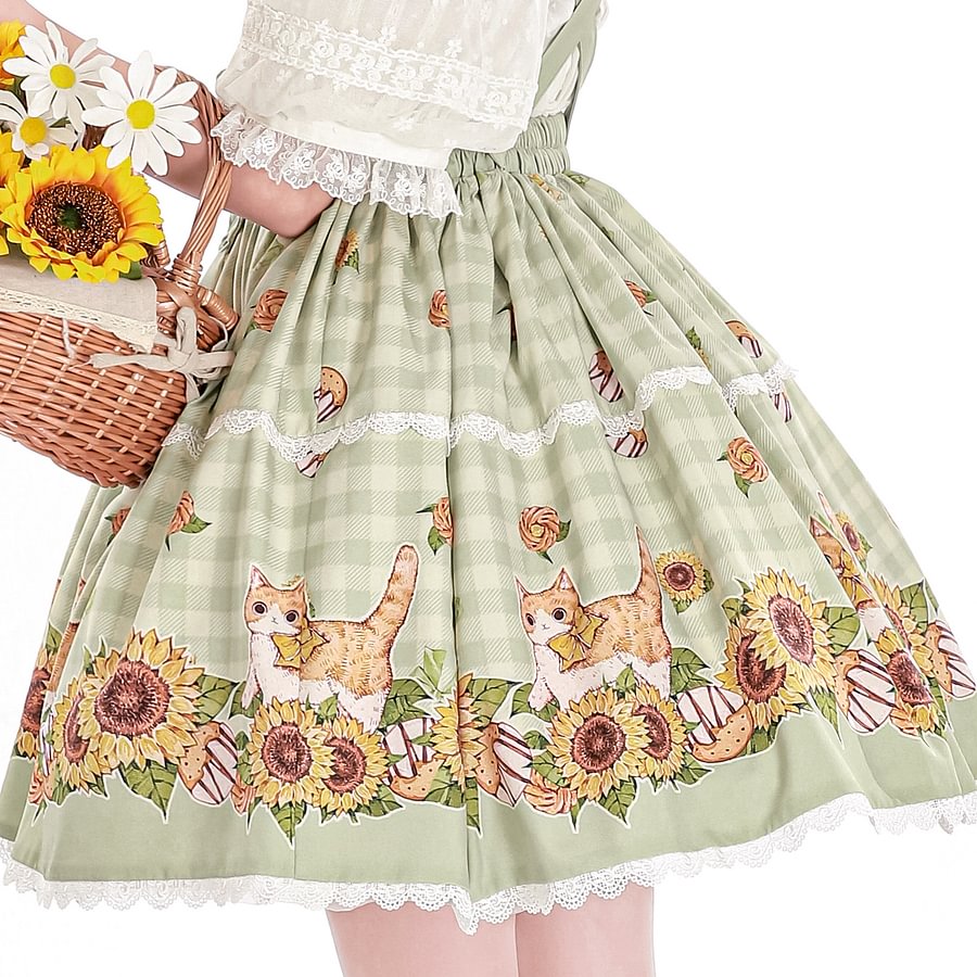 Sweet Lolita Classic Green Pastoral Sunshine Cat Lolita Strap SK Sunflower Print Lolita Skirt Lolita Dresses