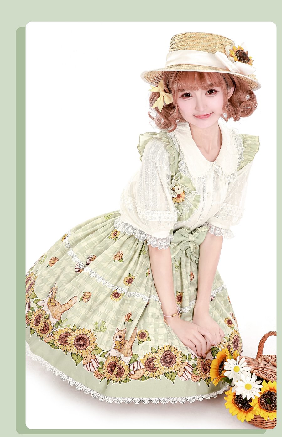 Sweet Lolita Classic Green Pastoral Sunshine Cat Lolita Strap SK Sunflower Print Lolita Skirt Lolita Dresses