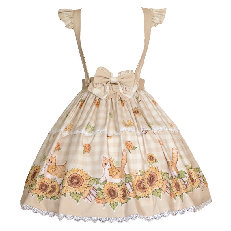 Sweet Lolita Classic Green Pastoral Sunshine Cat Lolita Strap SK Sunflower Print Lolita Skirt Lolita Dresses