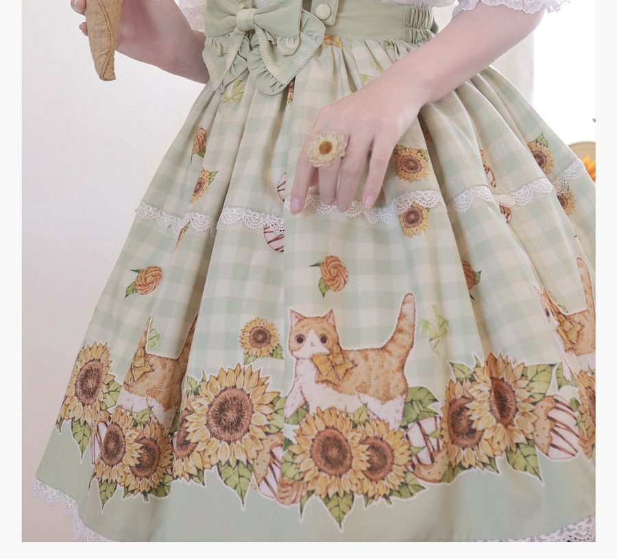 Sweet Lolita Classic Green Pastoral Sunshine Cat Lolita Strap SK Sunflower Print Lolita Skirt Lolita Dresses