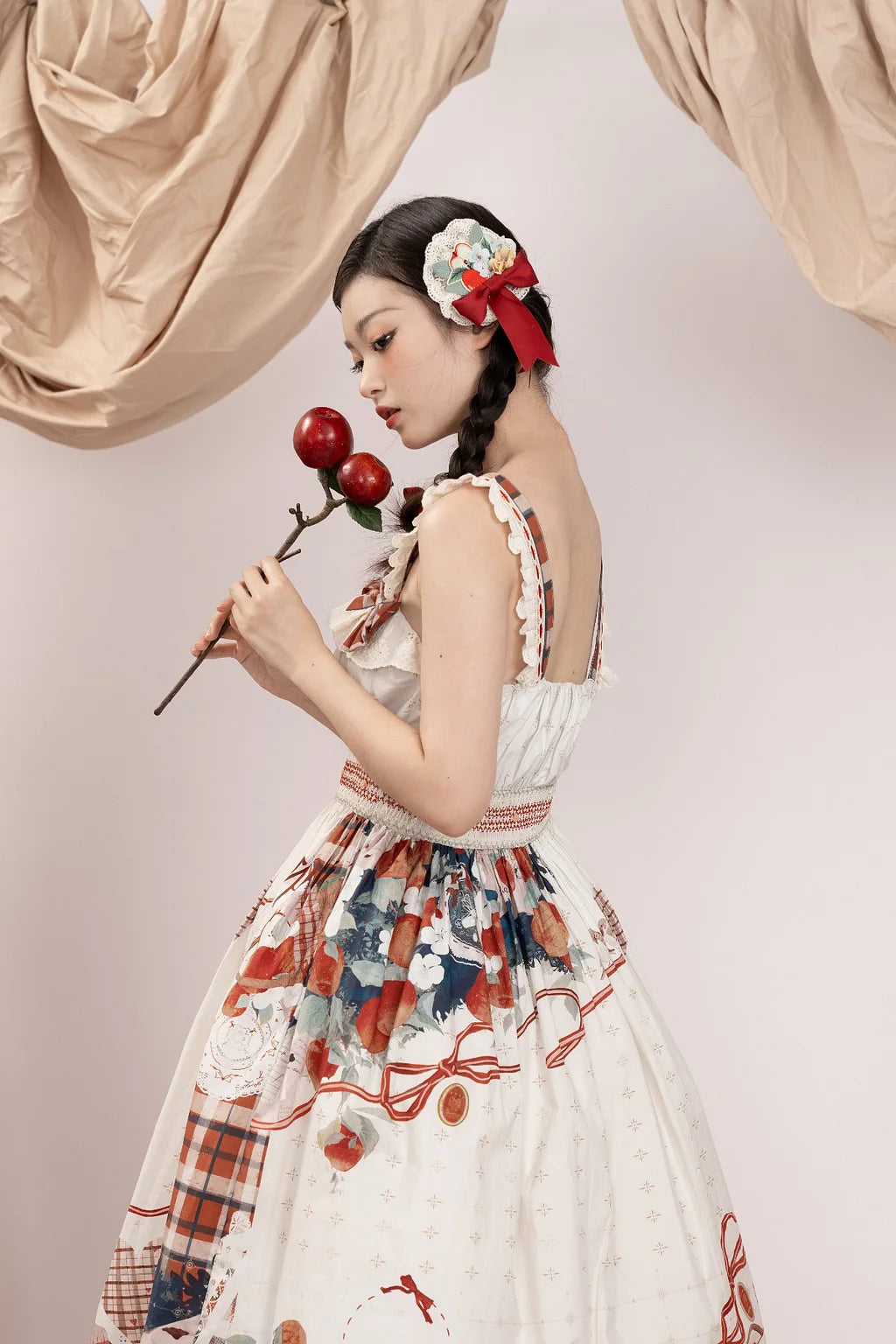 [Pre]Sweet Lolita Classic Vintage inspired Fruit Print Beige Dresses High Waist Original Printed Spring and Autumn Daily Outfit