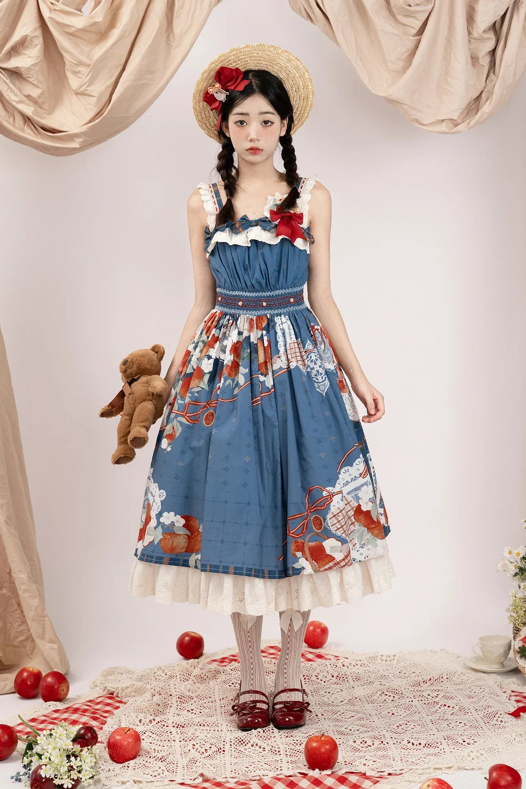 Sweet Lolita Classic Vintage inspired Fruit Print Blue Dresses High Waist Original Printed Spring and Autumn Daily Outfit