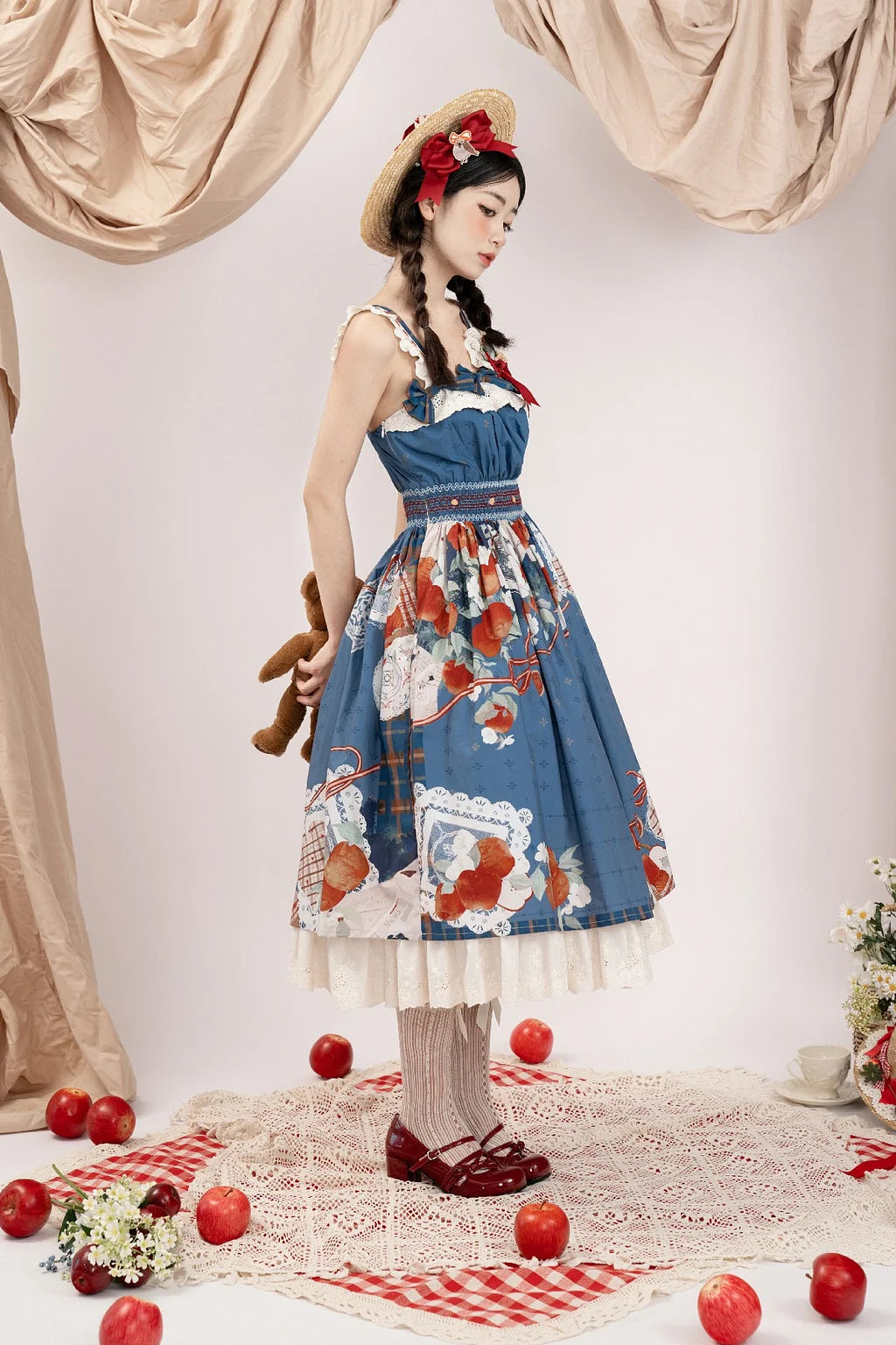 Sweet Lolita Classic Vintage inspired Fruit Print Blue Dresses High Waist Original Printed Spring and Autumn Daily Outfit