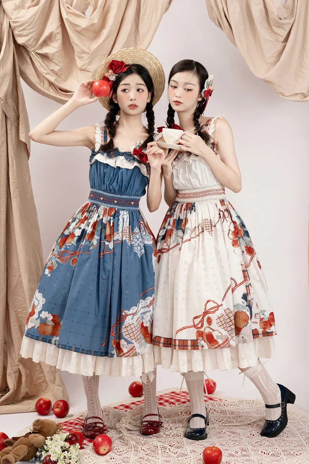 Sweet Lolita Classic Vintage inspired Fruit Print Blue Dresses High Waist Original Printed Spring and Autumn Daily Outfit