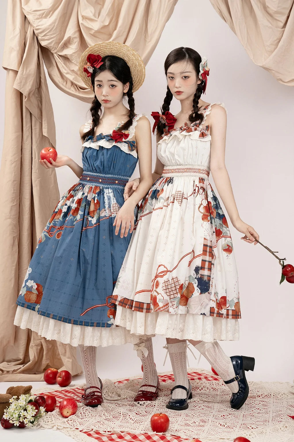 Sweet Lolita Classic Vintage inspired Fruit Print Blue Dresses High Waist Original Printed Spring and Autumn Daily Outfit