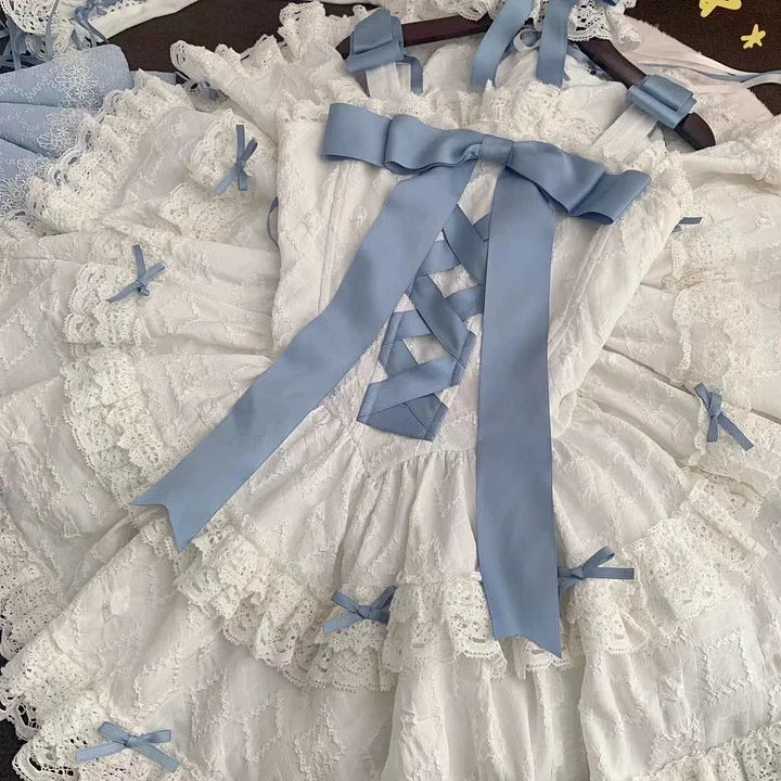 Sweet Lolita Cream Blue Ribbon Lolita Quinceanera Princess Dress Elegant Dress Birthday Dress