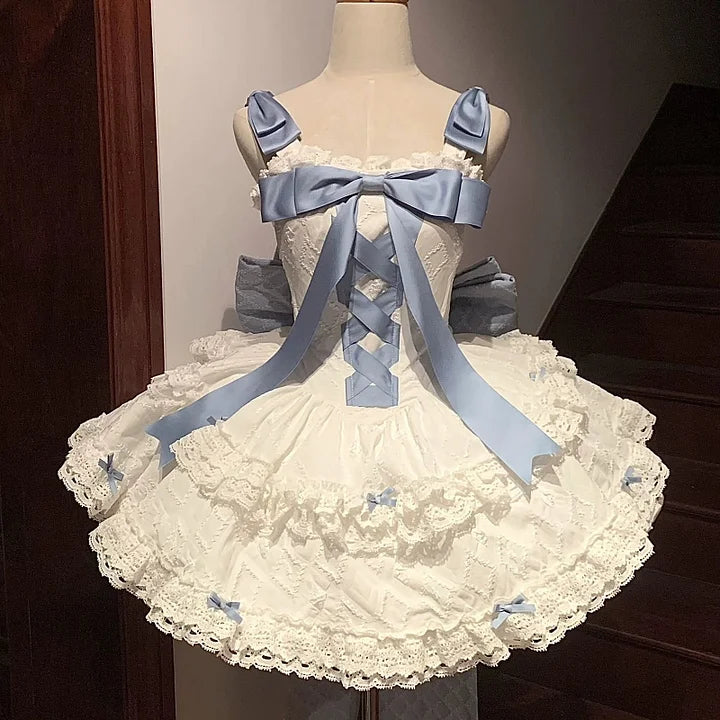 Sweet Lolita Cream Blue Ribbon Lolita Quinceanera Princess Dress Elegant Dress Birthday Dress