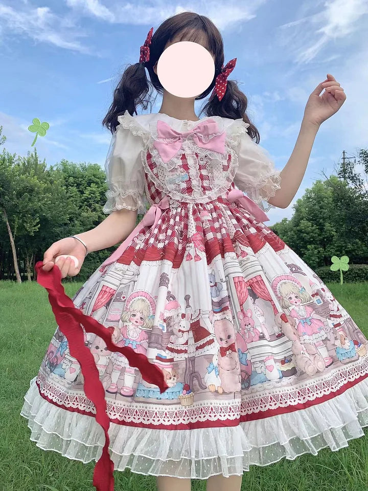 Sweet Lolita Cute Dessert Doll Jsk Suspender Dress Summer Short Sleeve Print Lolita