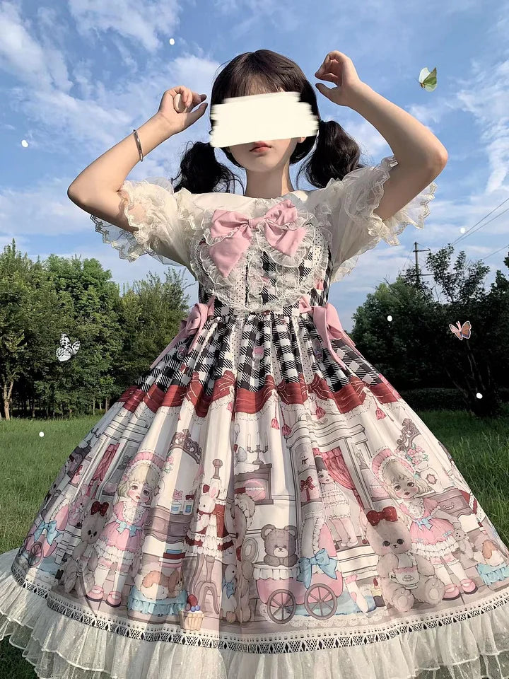 Sweet Lolita Cute Dessert Doll Jsk Suspender Dress Summer Short Sleeve Print Lolita