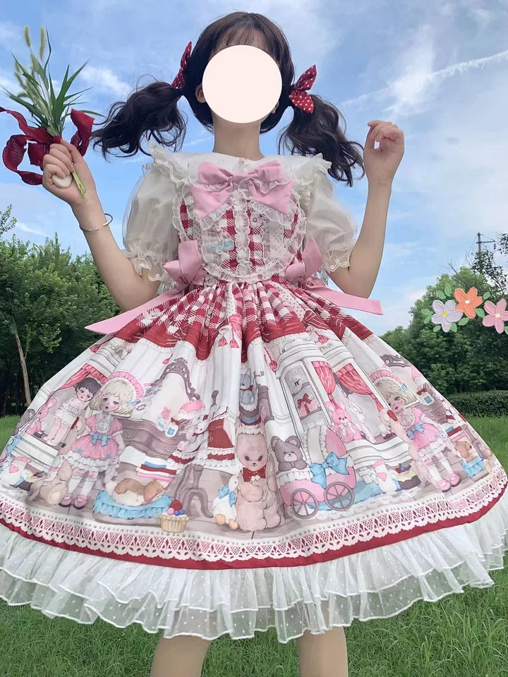 Sweet Lolita Cute Dessert Doll Jsk Suspender Dress Summer Short Sleeve Print Lolita