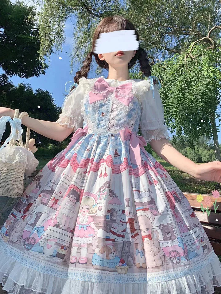 Sweet Lolita Cute Dessert Doll Jsk Suspender Dress Summer Short Sleeve Print Lolita