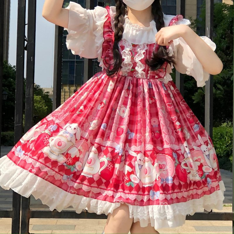 Sweet Lolita Cute Strawberry Light Lolita Red Pink Student Big Skirt Jsk Rabbit Print Lolita Dresses
