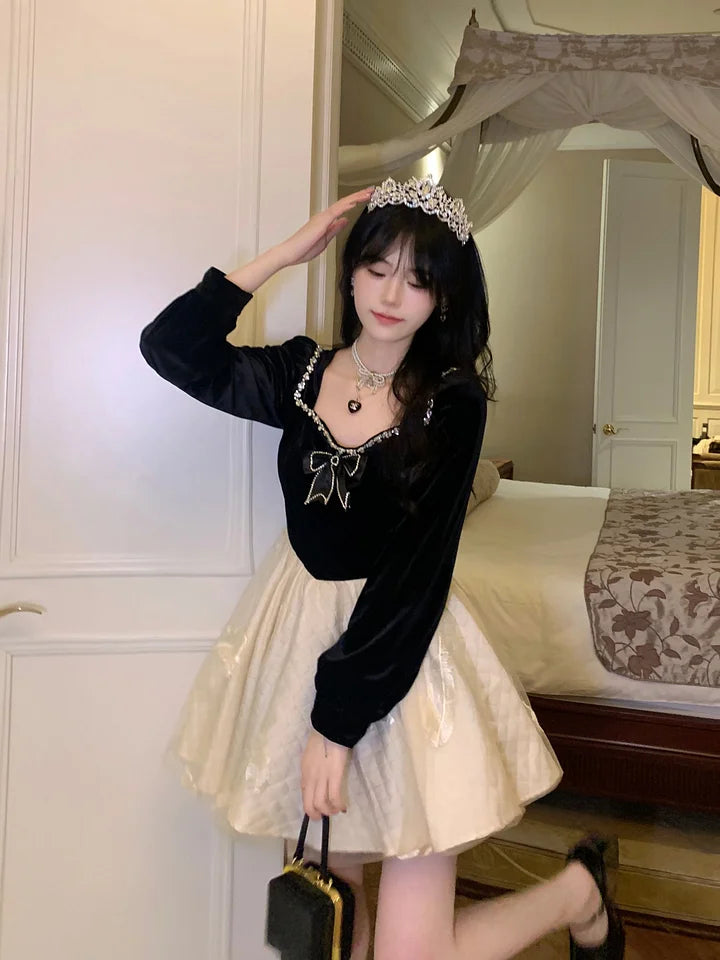 Sweet Lolita Elegant Broken Diamond Velvet Black and White Dress Princess Style Lolita Long Sleeve Dress