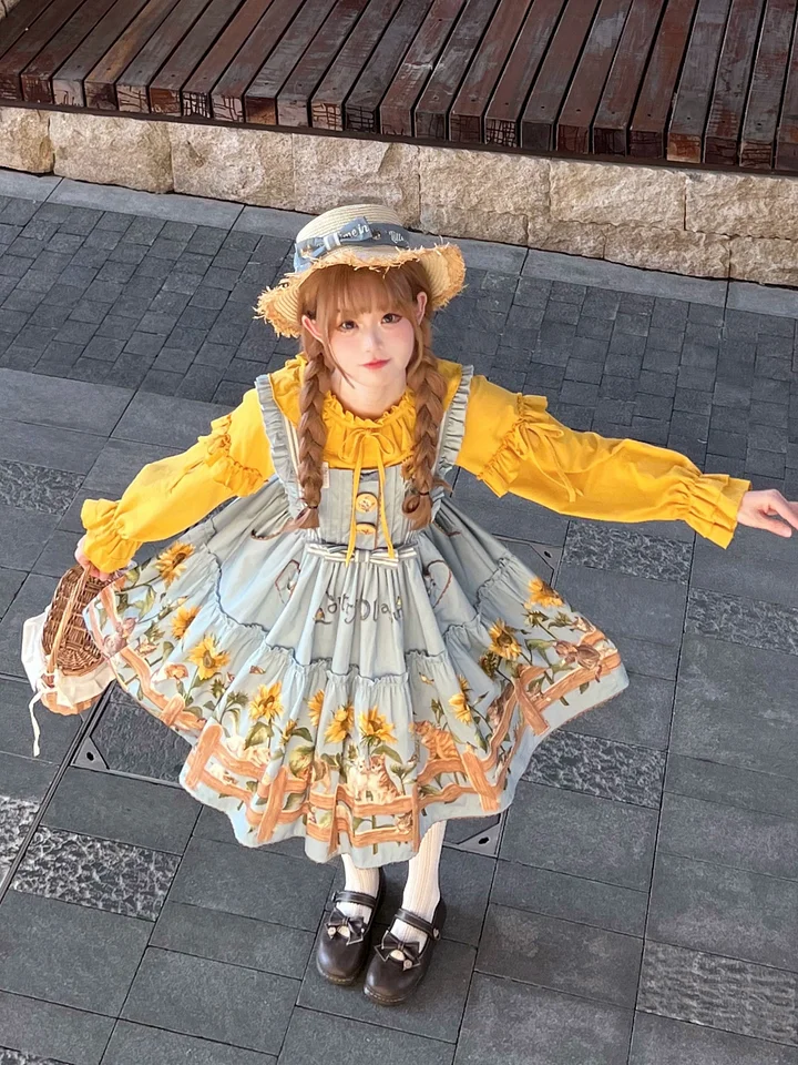 Sweet Lolita Fashion Cat and Sunflower JSK Sunflower Print Blue Dress and Headdress Set