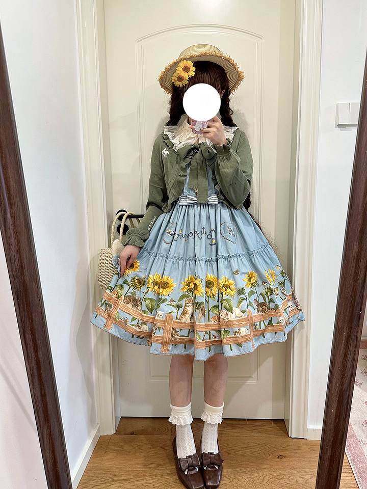 Sweet Lolita Fashion Cat and Sunflower JSK Sunflower Print Blue Dress and Headdress Set