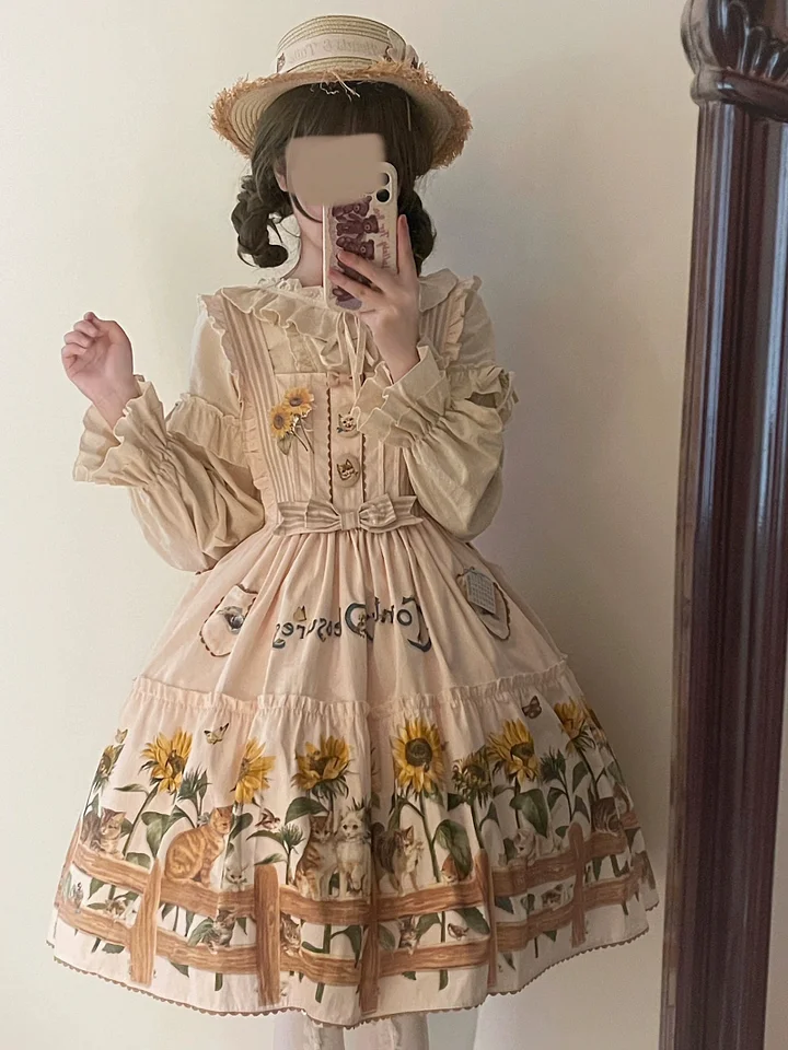 Sweet Lolita Fashion Cat and Sunflower JSK Sunflower Print Blue Dress and Headdress Set