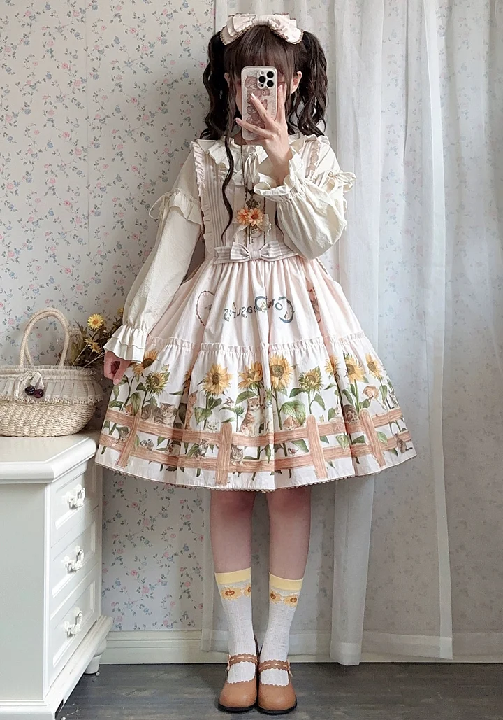 Sweet Lolita Fashion Cat and Sunflower JSK Sunflower Print Blue Dress and Headdress Set