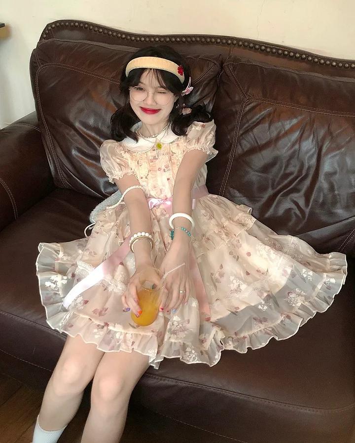 Sweet Lolita Floral Ivory Dress Bow Tie Cute Casual Coord Light Lolita