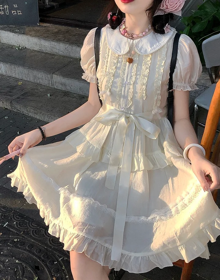 Sweet Lolita Floral Ivory Dress Bow Tie Cute Casual Coord Light Lolita