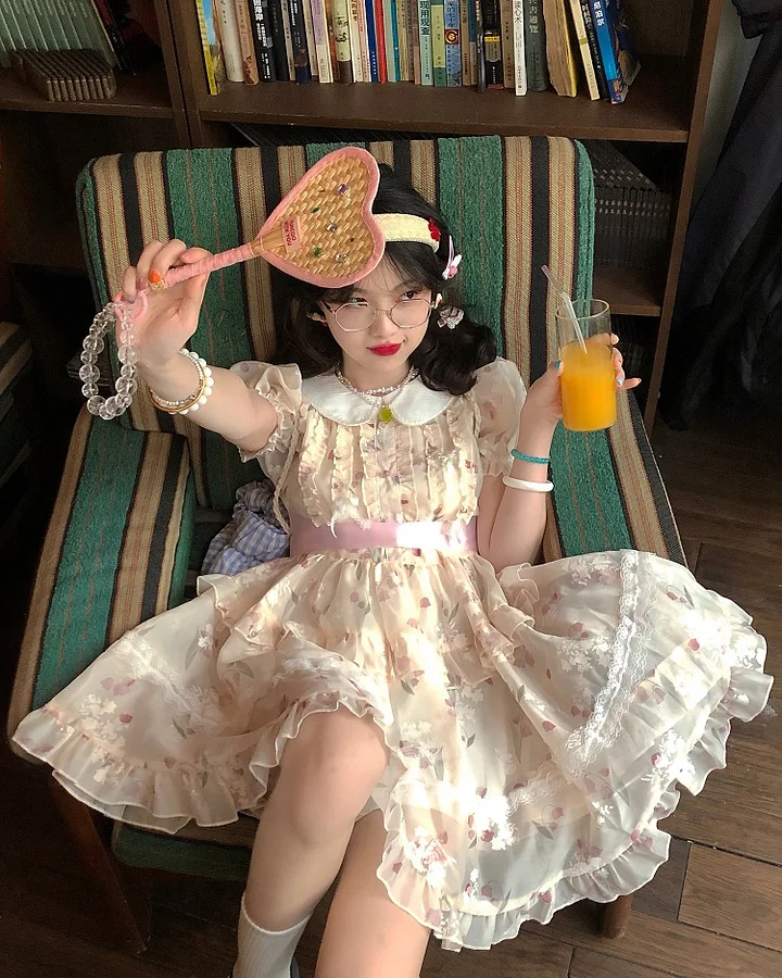 Sweet Lolita Floral Ivory Dress Bow Tie Cute Casual Coord Light Lolita