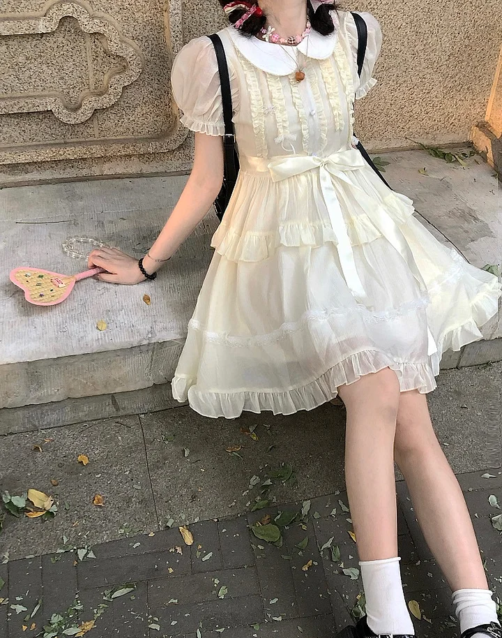 Sweet Lolita Floral Ivory Dress Bow Tie Cute Casual Coord Light Lolita