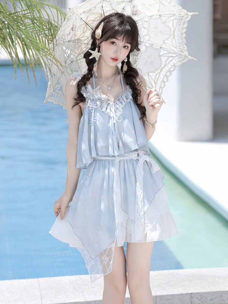Sweet Lolita Light Blue Seashell Sundress with Lace Ruffle Summer Sea