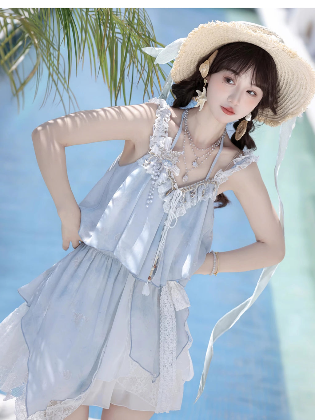 Sweet Lolita Light Blue Seashell Sundress with Lace Ruffle Summer Sea