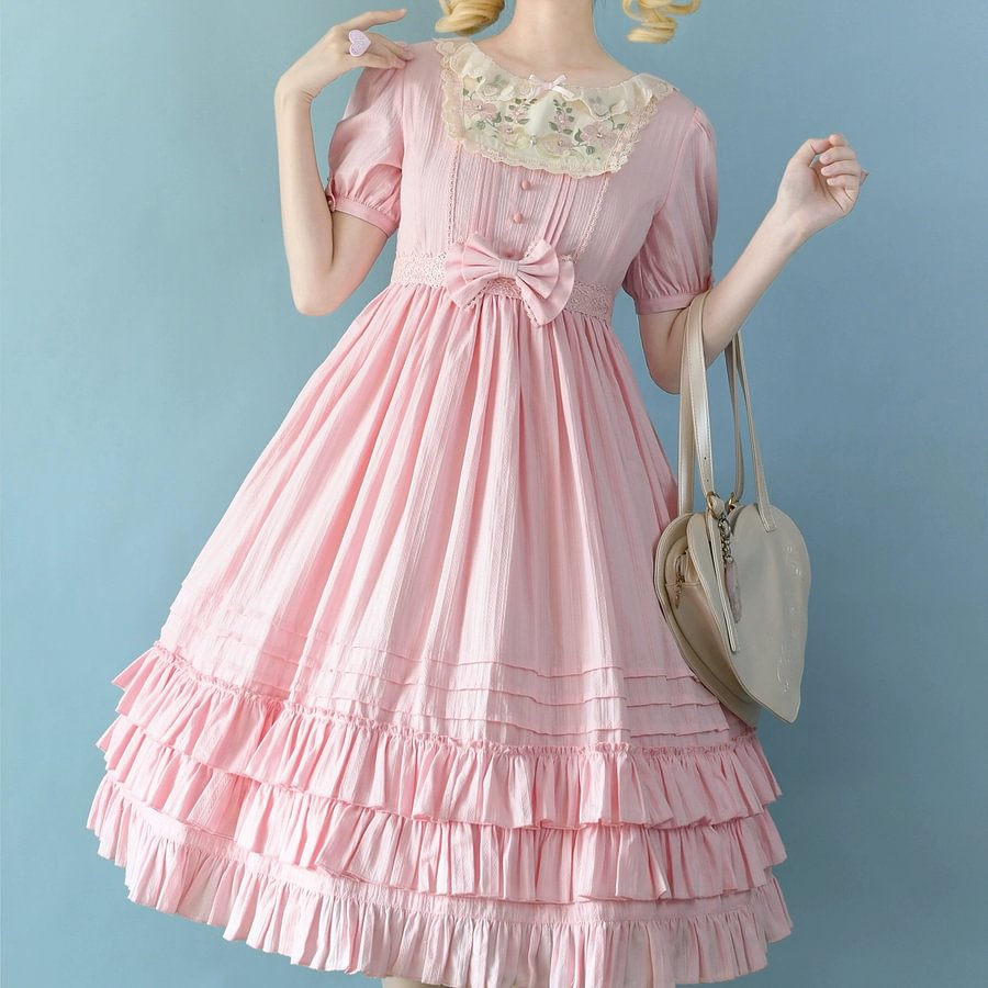 Sweet Lolita Pink Embroider OP Dress Multicolors Classic Lolita Elegant Purple Green Cream Dress