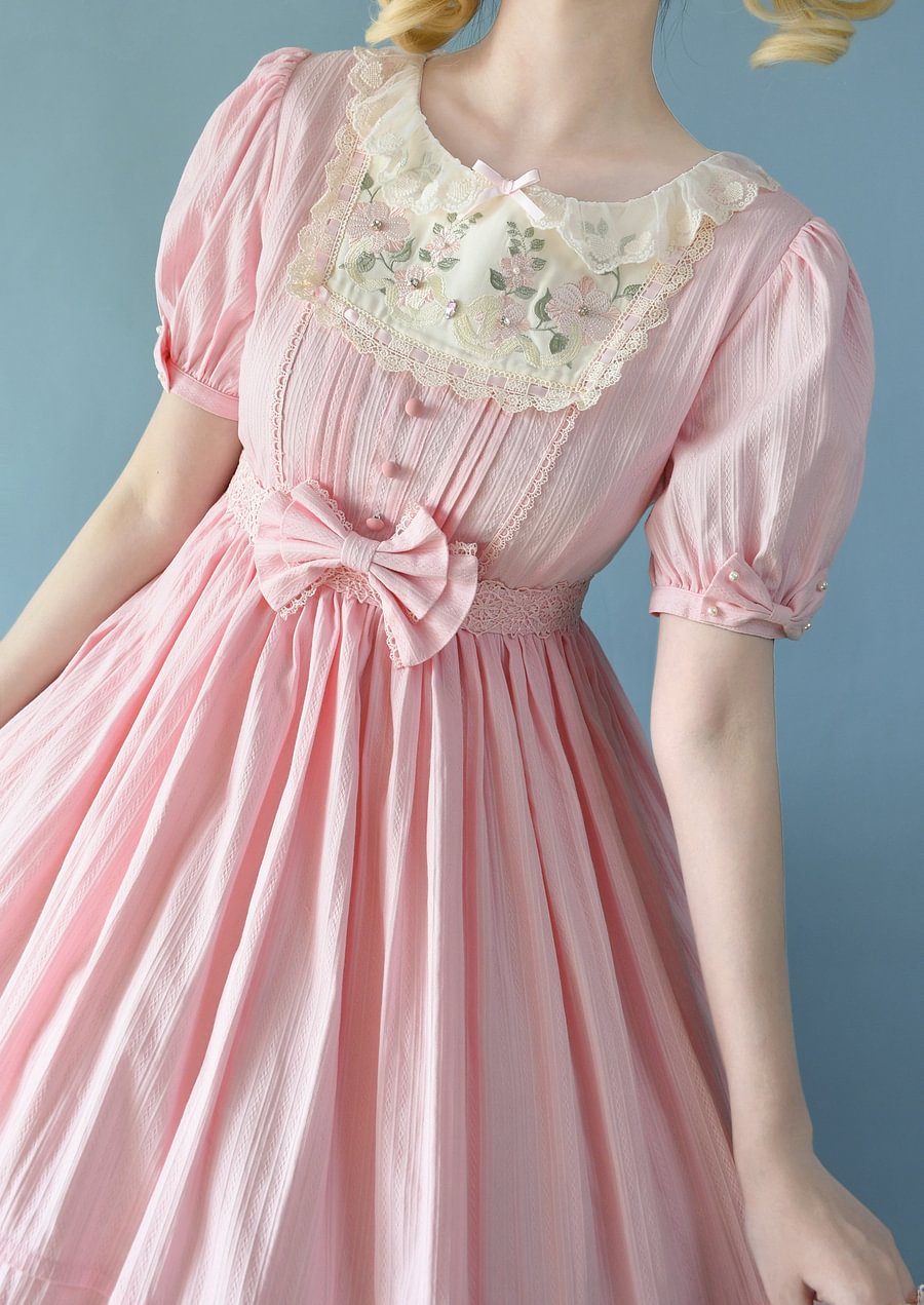 Sweet Lolita Pink Embroider OP Dress Multicolors Classic Lolita Elegant Purple Green Cream Dress