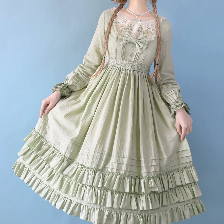 Sweet Lolita Pink Embroider OP Dress Multicolors Classic Lolita Elegant Purple Green Cream Dress