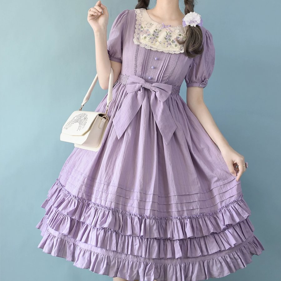 Sweet Lolita Pink Embroider OP Dress Multicolors Classic Lolita Elegant Purple Green Cream Dress