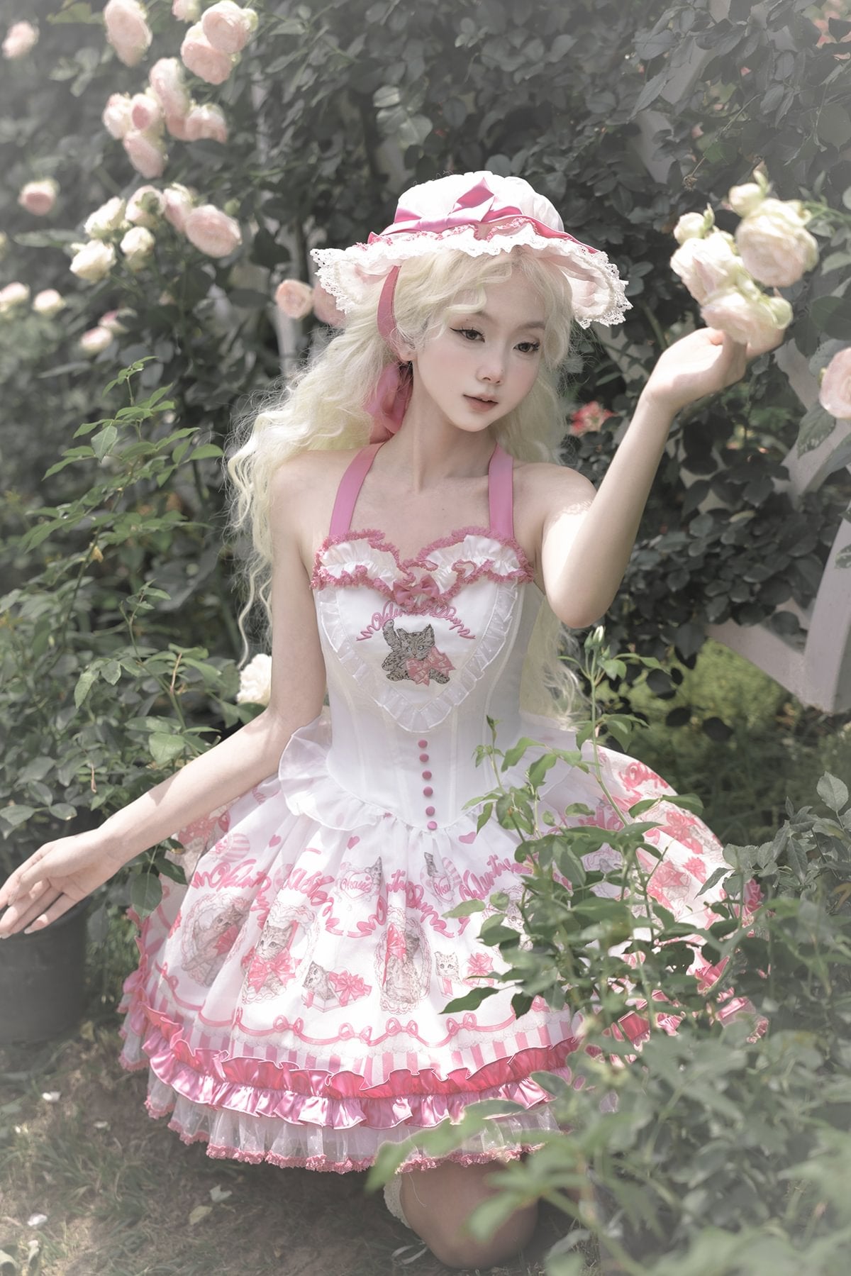 Sweet Lolita Pink Little Fresh Waist Lolita Jacquard Print Dress JSK