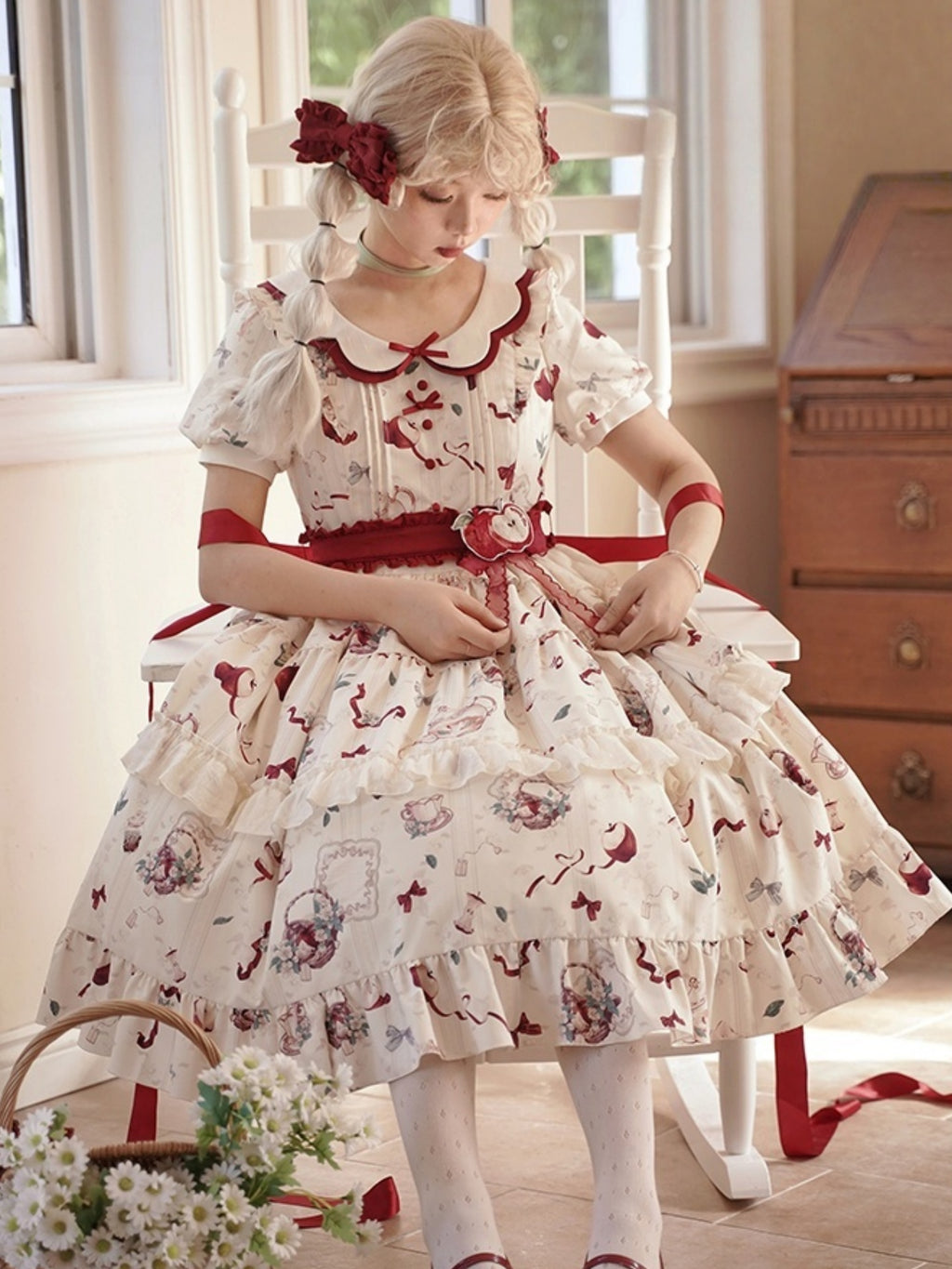 Sweet Lolita Plus Size 4XL Cream White Strawberry Idyllic Printed Short Sleeved Ruffle Dress One Piece