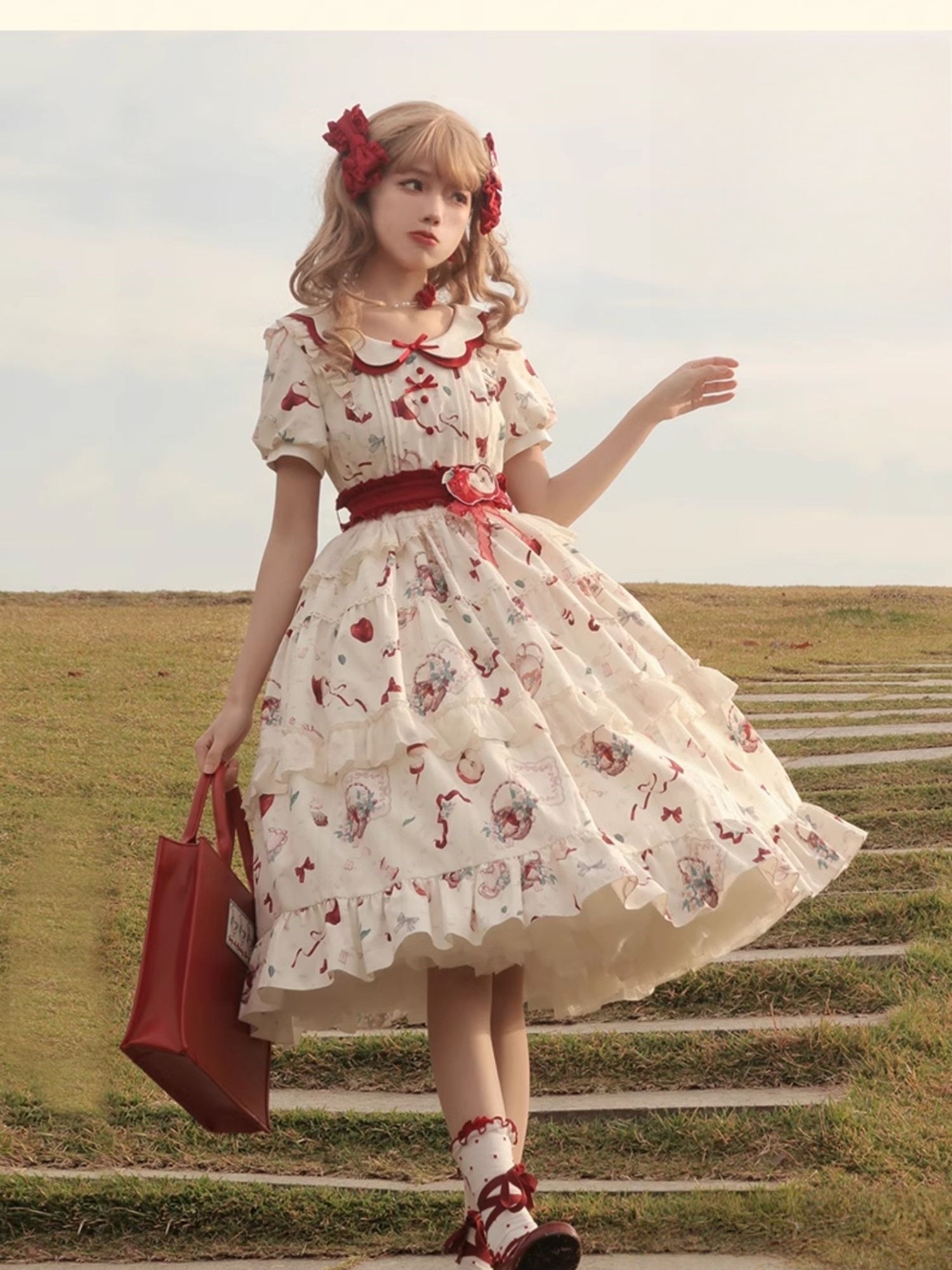 Sweet Lolita Plus Size 4XL Cream White Strawberry Idyllic Printed Short Sleeved Ruffle Dress One Piece