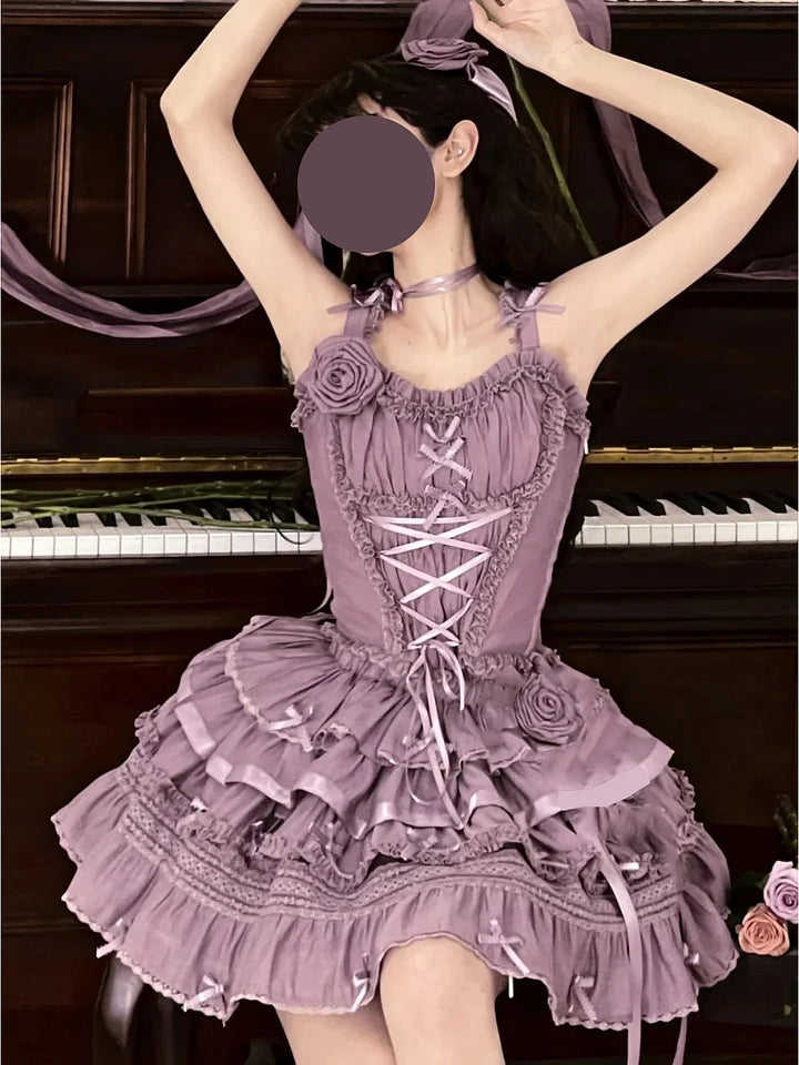 Sweet Lolita Purple Ruffle Lolita Ballet Dress Elegant Short-sleeved Princess Dress Light Lolita Casual Coord