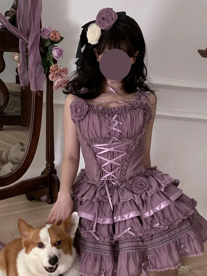 Sweet Lolita Purple Ruffle Lolita Ballet Dress Elegant Short-sleeved Princess Dress Light Lolita Casual Coord