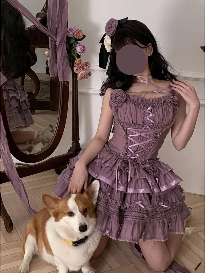 Sweet Lolita Purple Ruffle Lolita Ballet Dress Elegant Short-sleeved Princess Dress Light Lolita Casual Coord