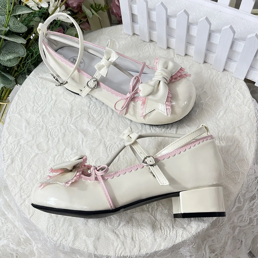 Sweet Lolita Shoes Retro Milk White Glossy Leather Mary Jane with Low Heel Flat Bottom Round Head