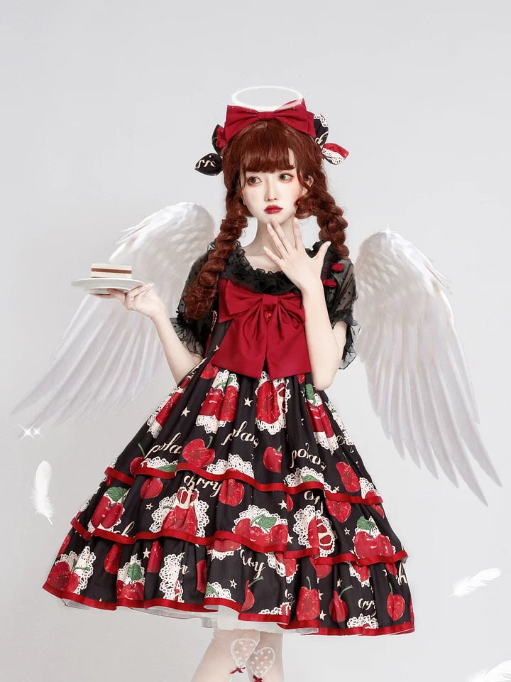 Sweet Lolita Suspender Dress Cherry Crown JSK Printed Three-Stage Dress