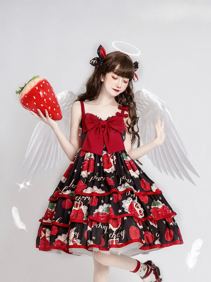 Sweet Lolita Suspender Dress Cherry Crown JSK Printed Three-Stage Dress