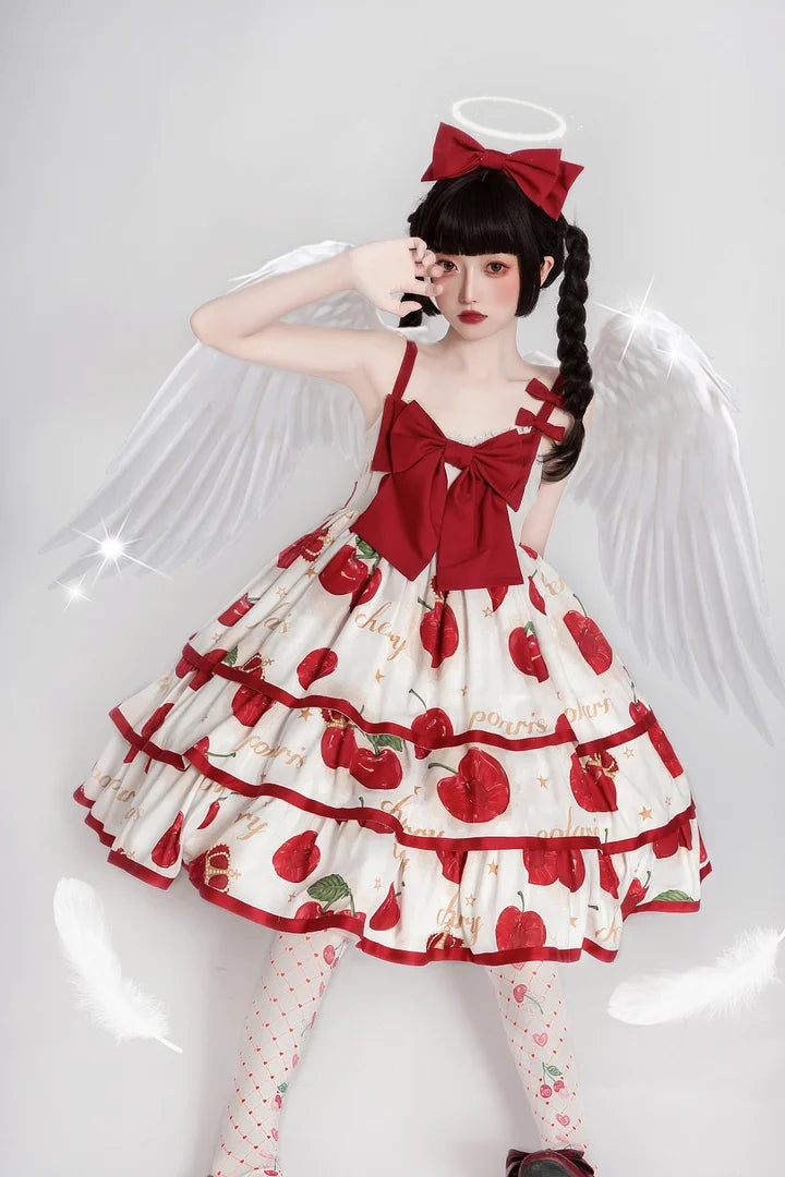 Sweet Lolita Suspender Dress Cherry Crown JSK Printed Three-Stage Dress