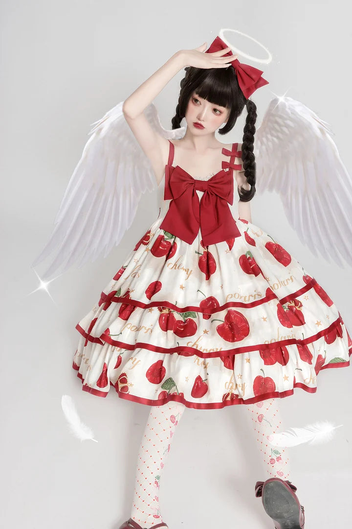 Sweet Lolita Suspender Dress Cherry Crown JSK Printed Three-Stage Dress