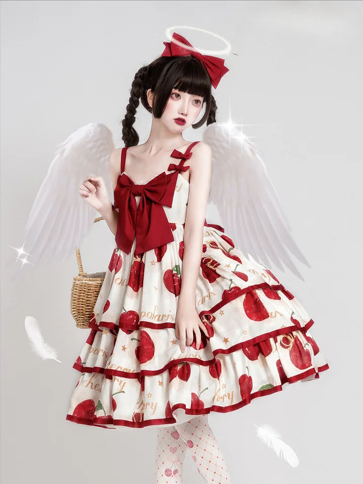 Sweet Lolita Suspender Dress Cherry Crown JSK Printed Three-Stage Dress