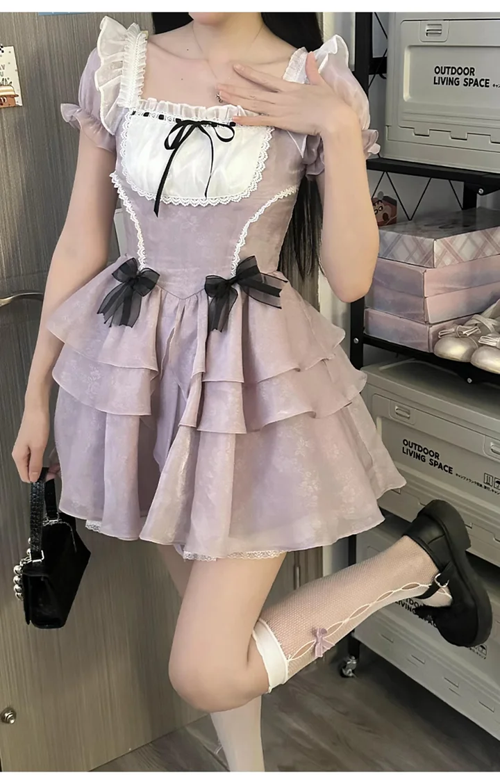 Sweet Lolita Wisteria Organza Ruffles Lolita Dress French Elegant Short Dress Light Lolita Casual Coord