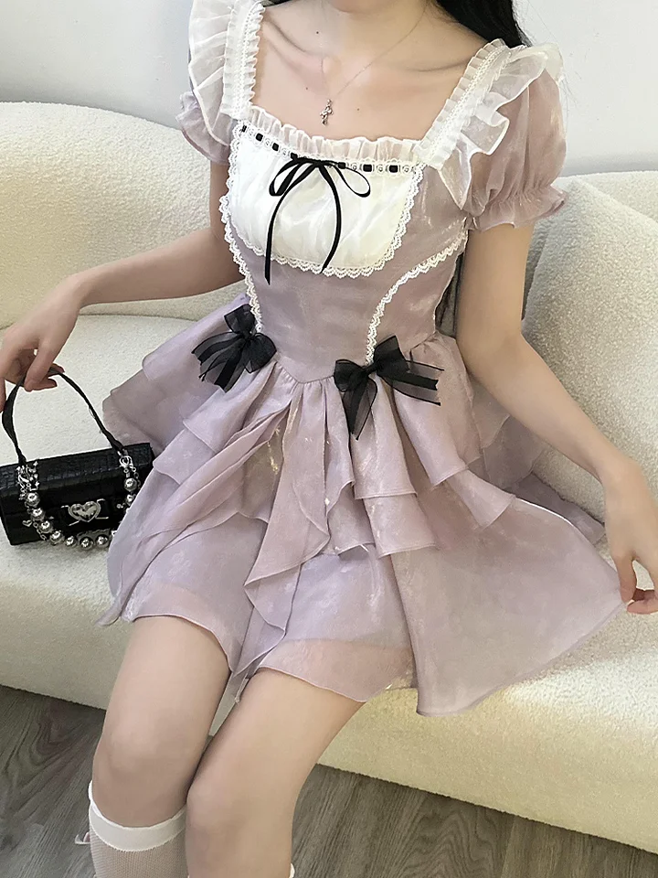 Sweet Lolita Wisteria Organza Ruffles Lolita Dress French Elegant Short Dress Light Lolita Casual Coord